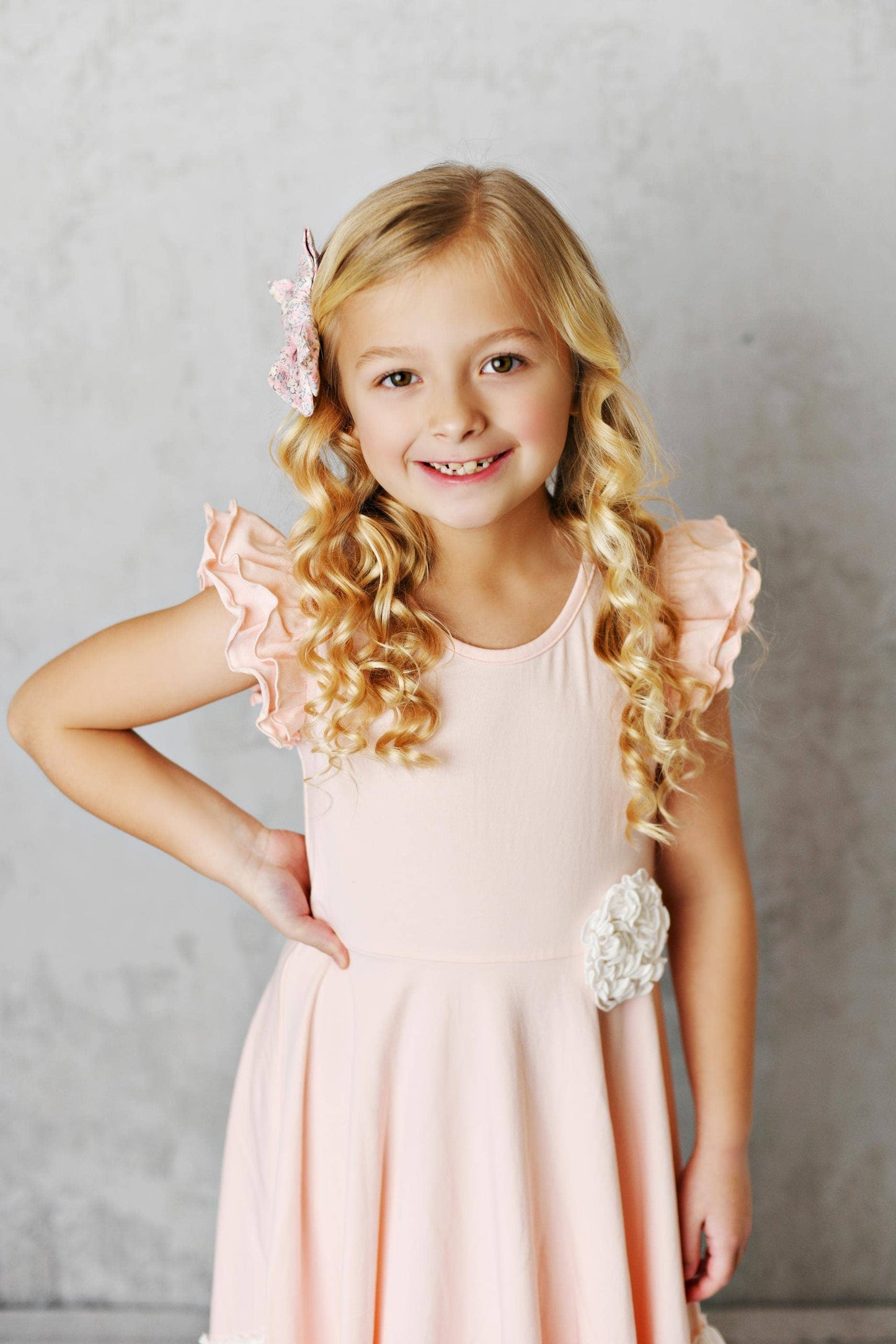 Oopsie Daisy Kids Light Pink Ruffles Flutter Sleeve Rosette Spring Dress: 3/4