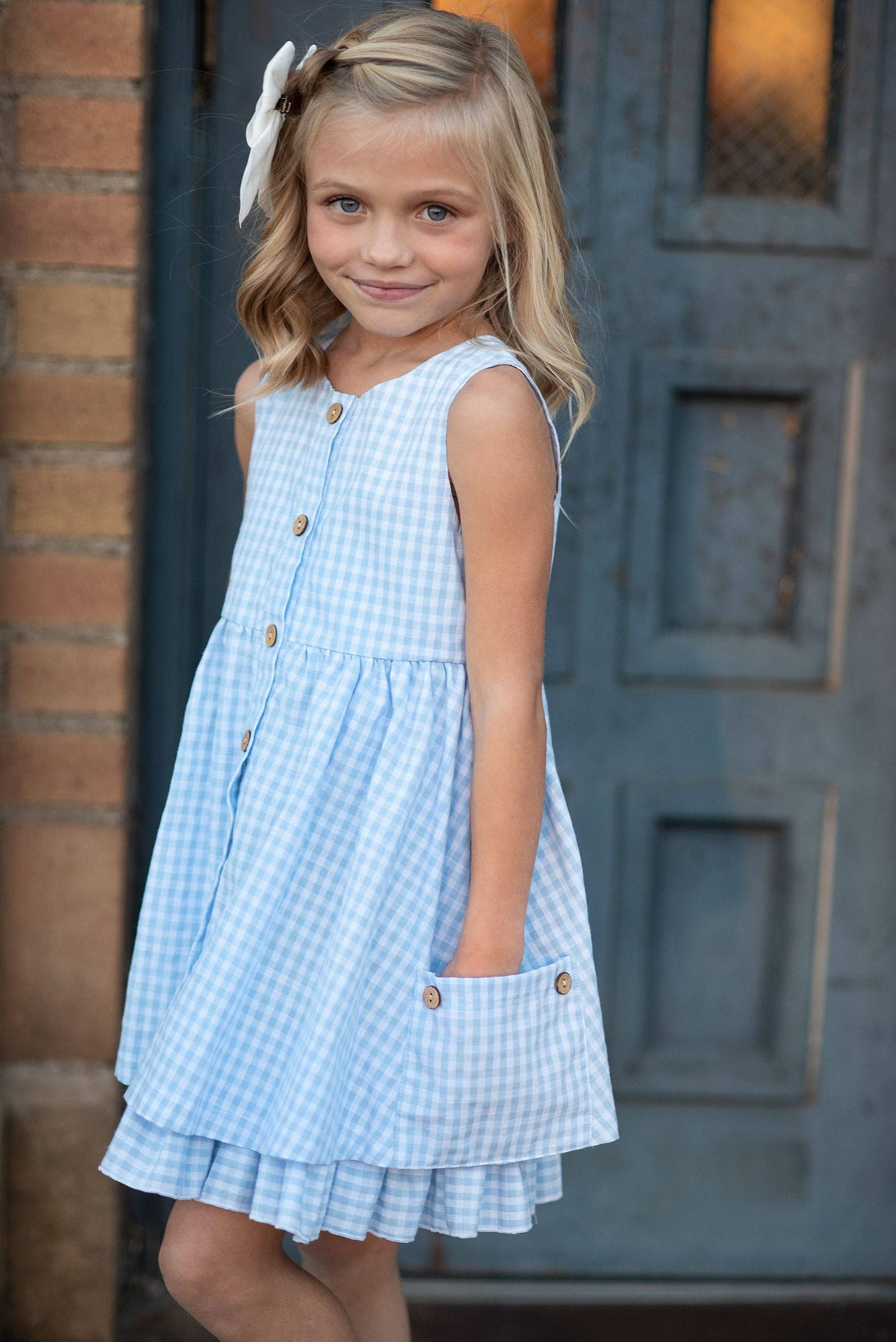 Oopsie Daisy Girls Blue & White Gingham Check Pocket Ruffle Spring Dress: 3/4