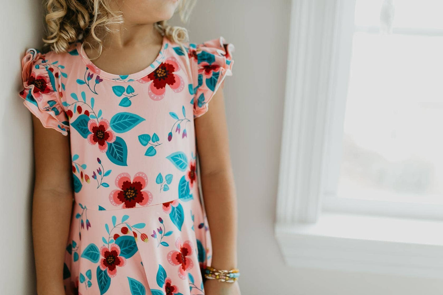 Oopsie Daisy Girls Light Peach/Dark Teal Floral Flutter Sleeve Ruffles Spring Dress: 10/12