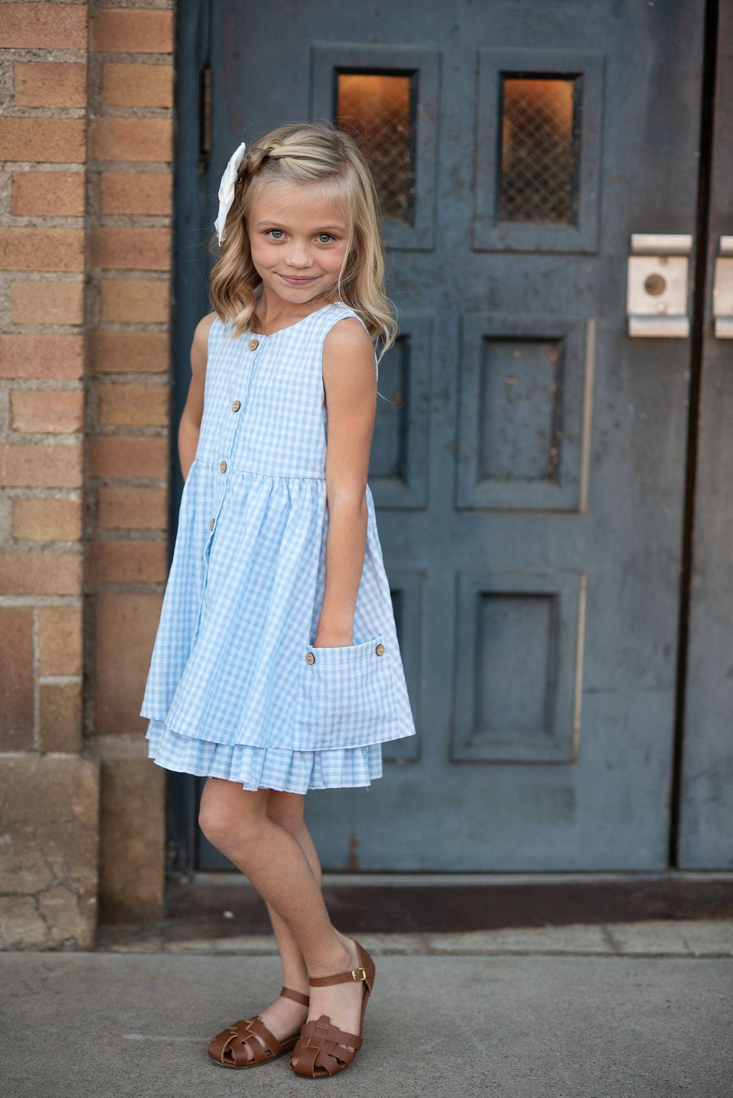 Oopsie Daisy Girls Blue & White Gingham Check Pocket Ruffle Spring Dress: 3/4