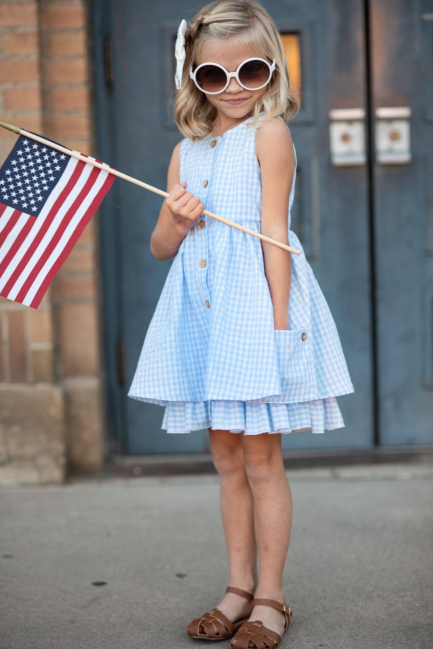 Oopsie Daisy Girls Blue & White Gingham Check Pocket Ruffle Spring Dress: 3/4