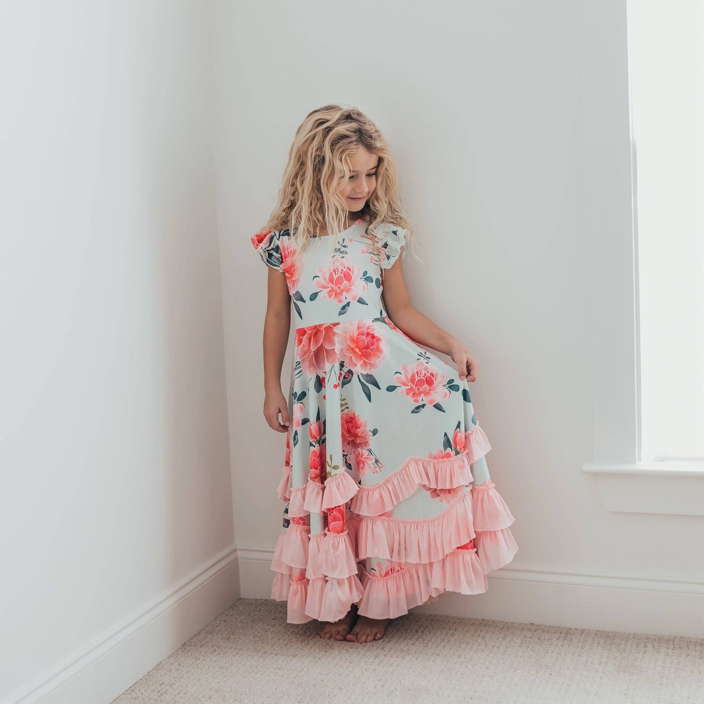 Oopsie Daisy Girls Mint & Pink Floral Flutter Sleeve Ruffles Spring Dress: 10/12