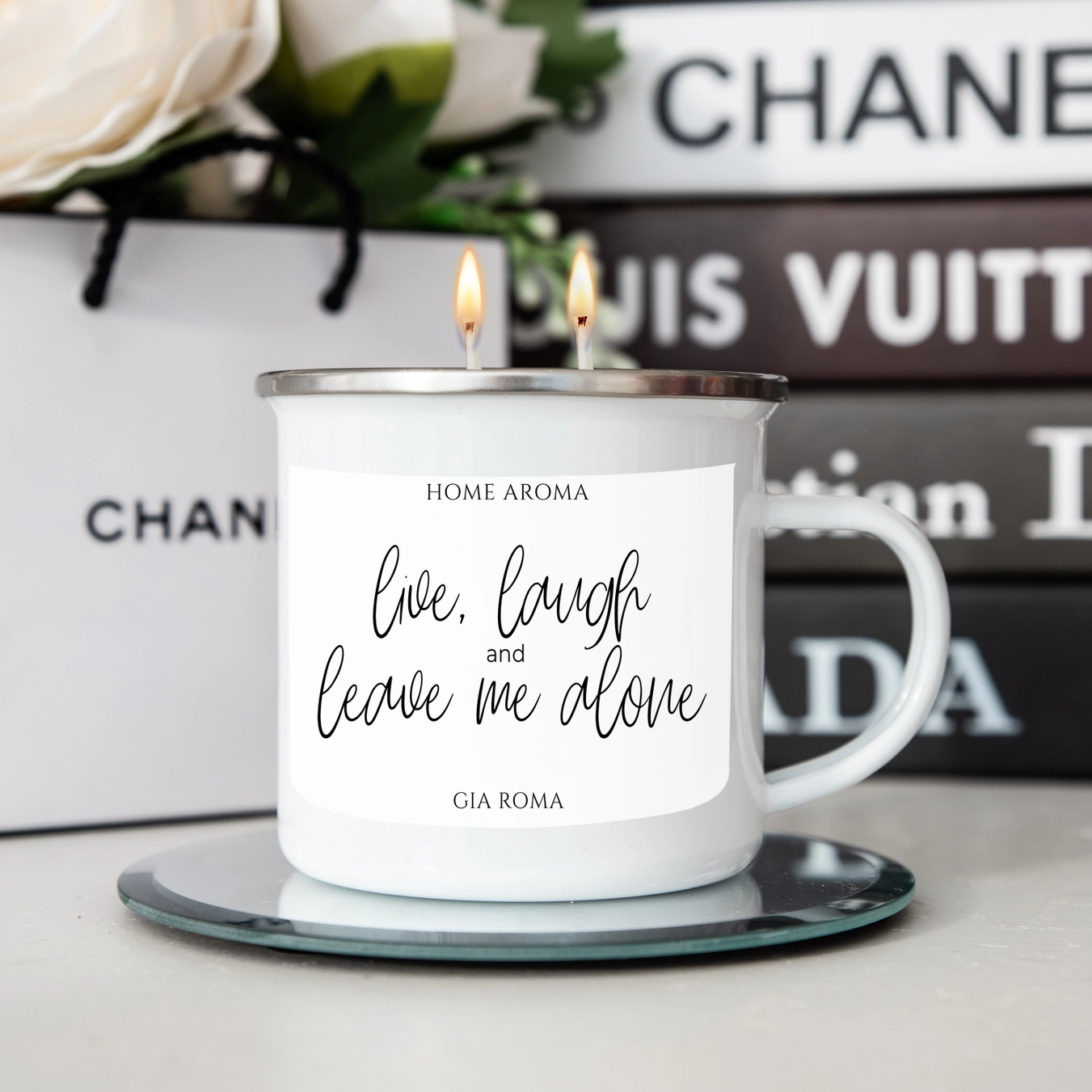 "Live, Laugh and Leave Me Alone" Tropical Staycation Scented 16 Oz Reusable Candle Mug