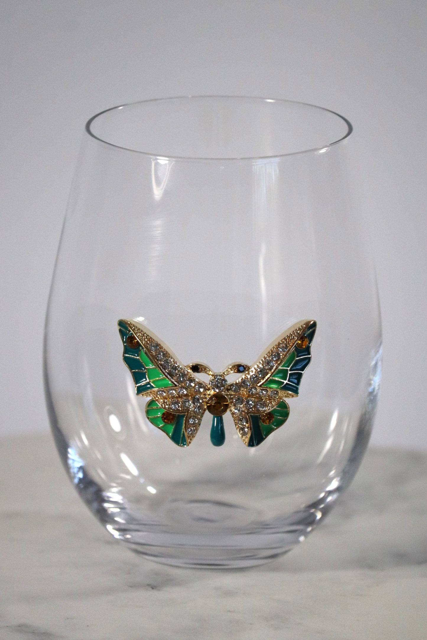 Stemless Wine Glass with Jeweled Butterfly