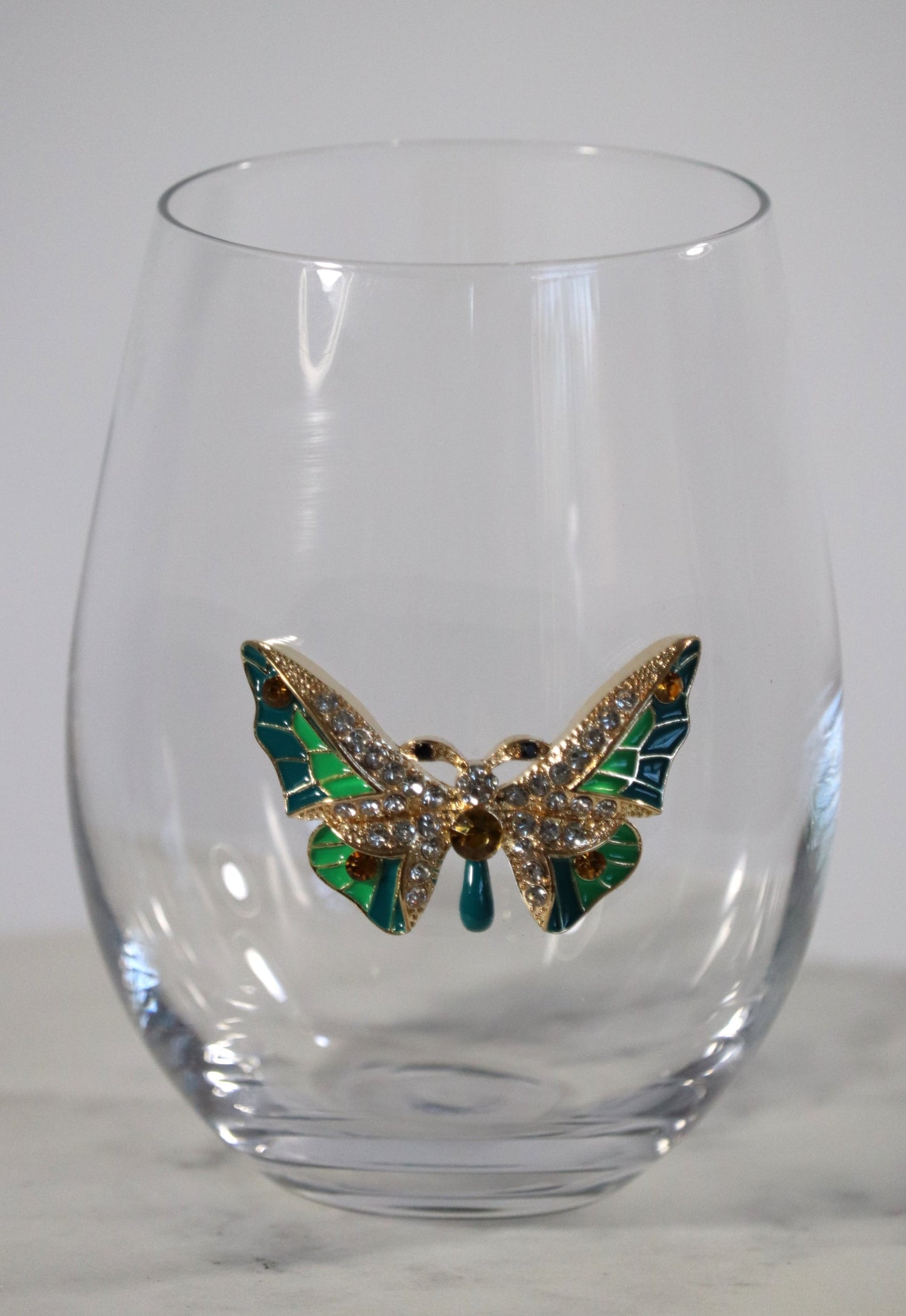 Stemless Wine Glass with Jeweled Butterfly