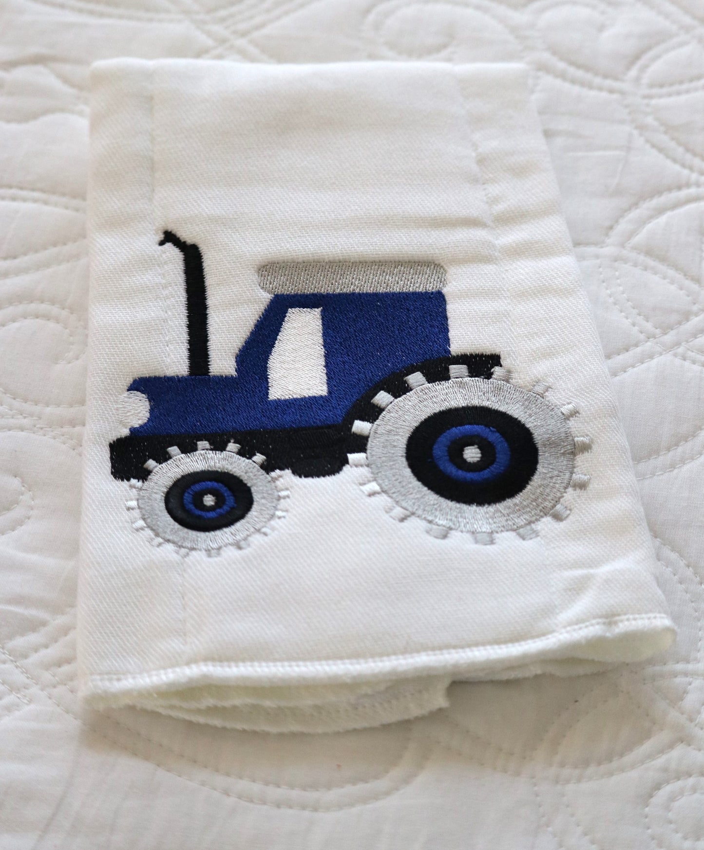 Blue Tractor Embroidered Cloth Diaper/Burp Cloth