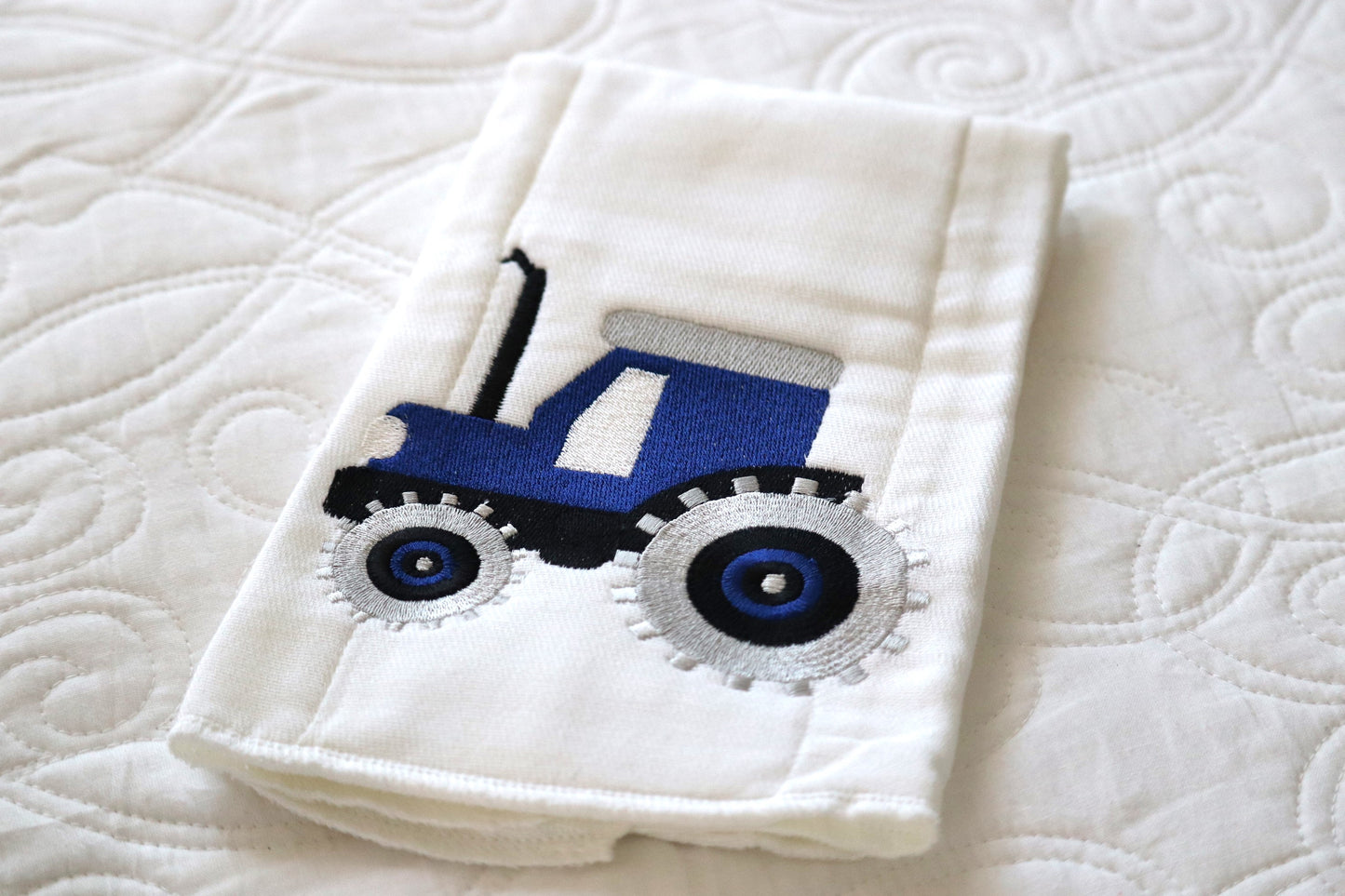 Blue Tractor Embroidered Cloth Diaper/Burp Cloth