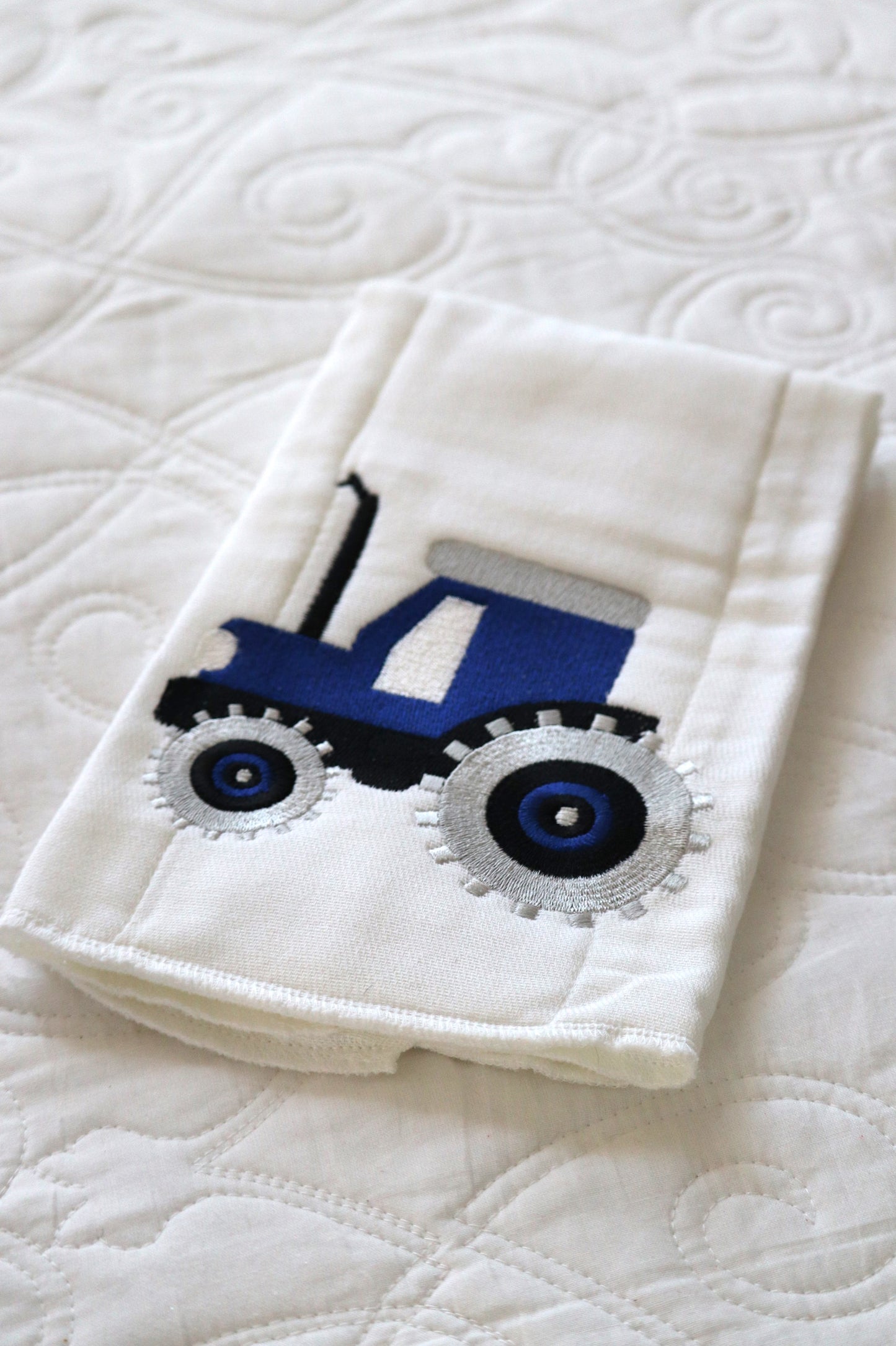 Blue Tractor Embroidered Cloth Diaper/Burp Cloth