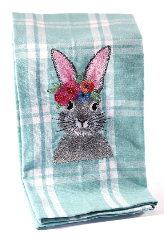 Embroidered Kitchen Towel- Bunny with Floral Headband