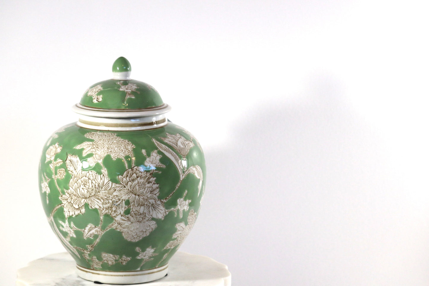 Light Green & White Ceramic Chinoiserie Jar