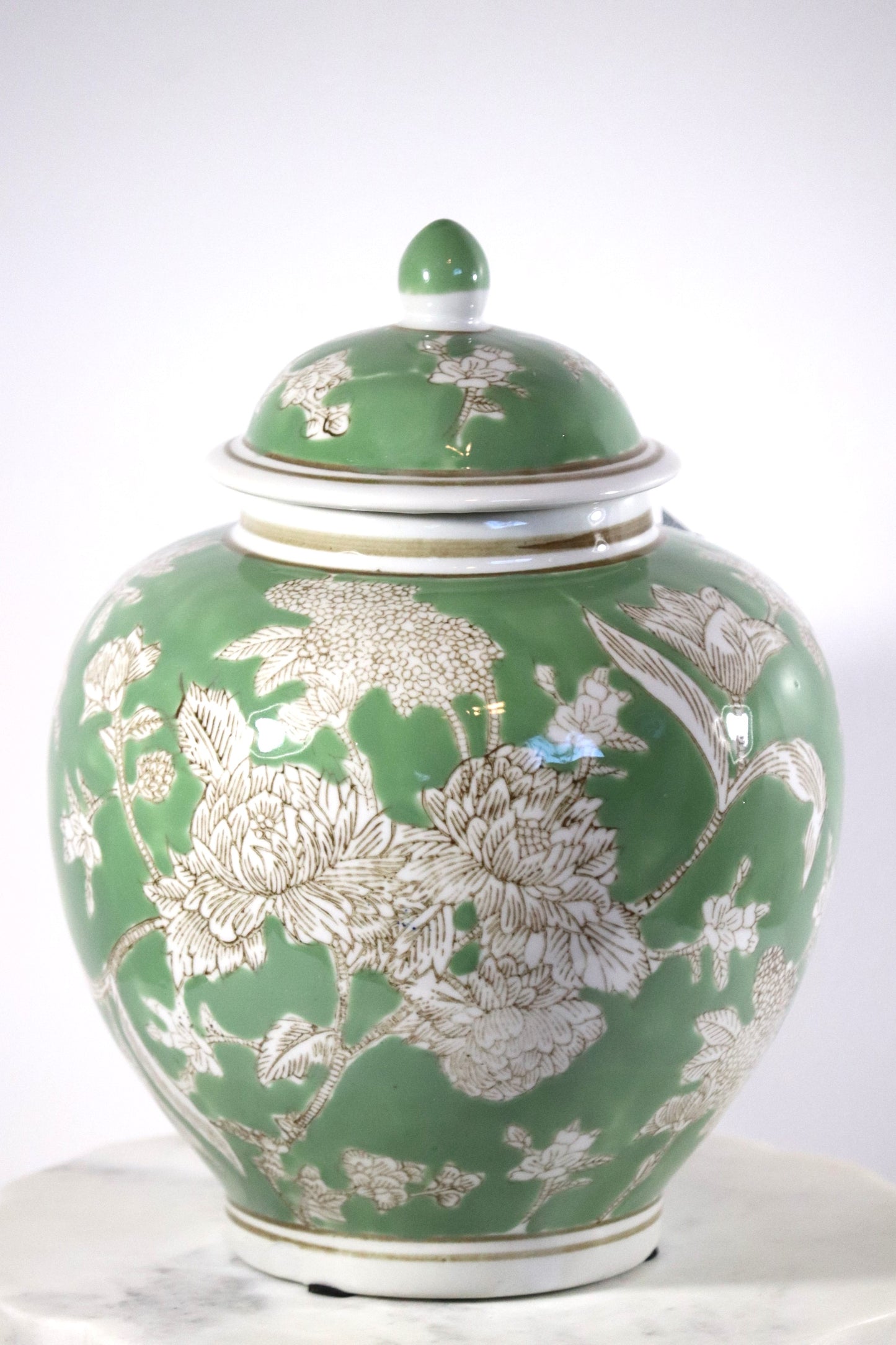 Light Green & White Ceramic Chinoiserie Jar