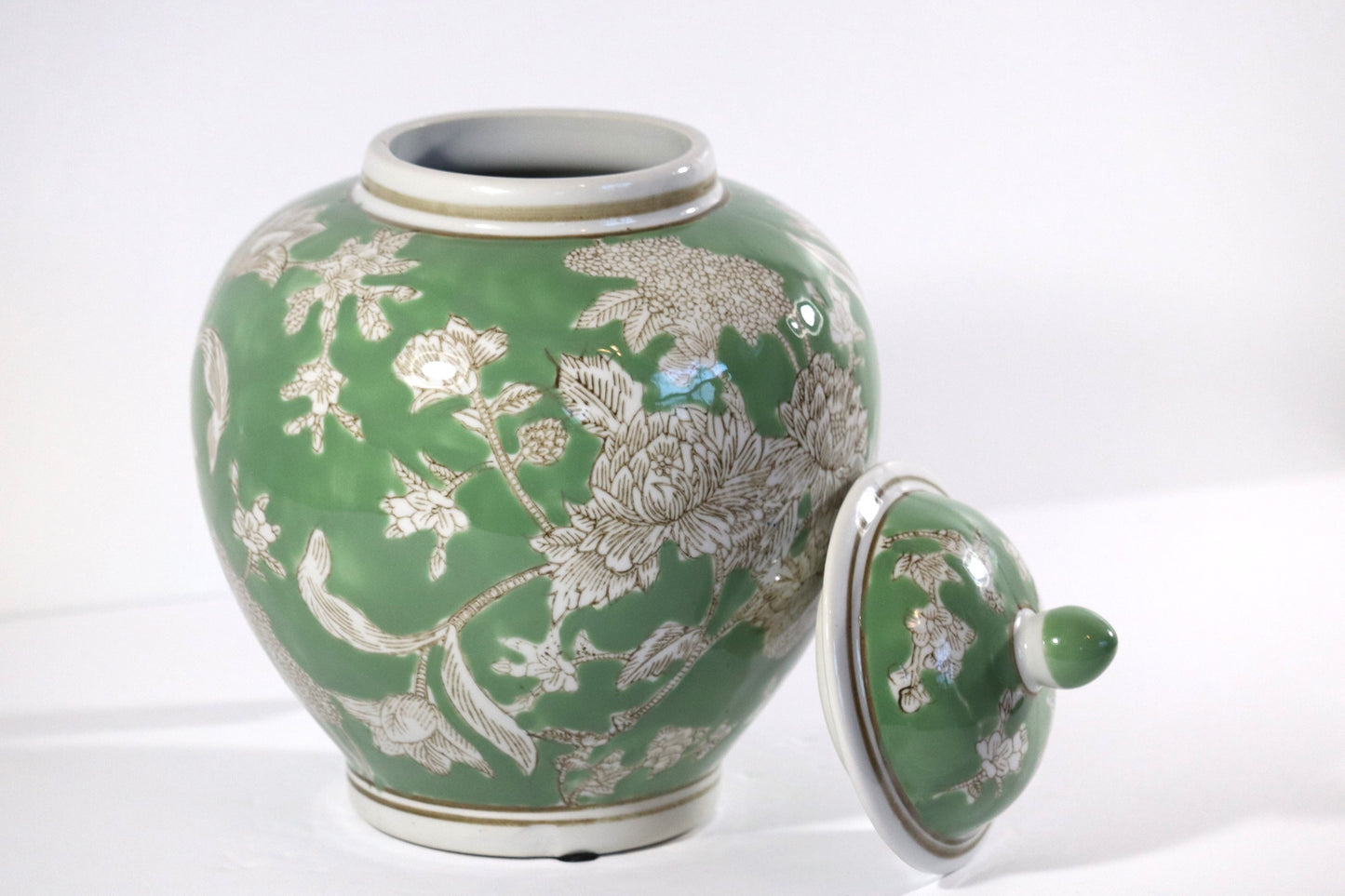 Light Green & White Ceramic Chinoiserie Jar