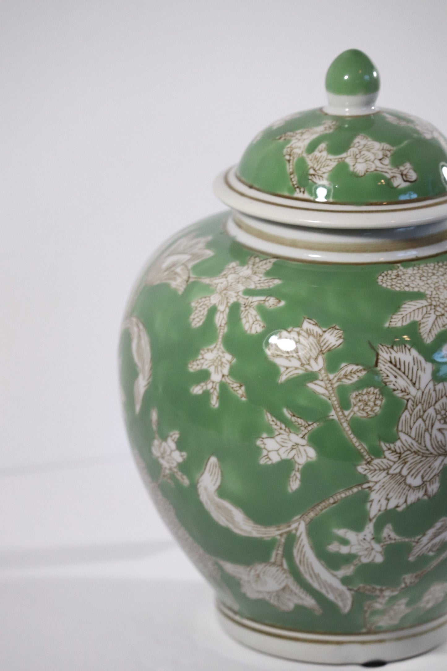 Light Green & White Ceramic Chinoiserie Jar