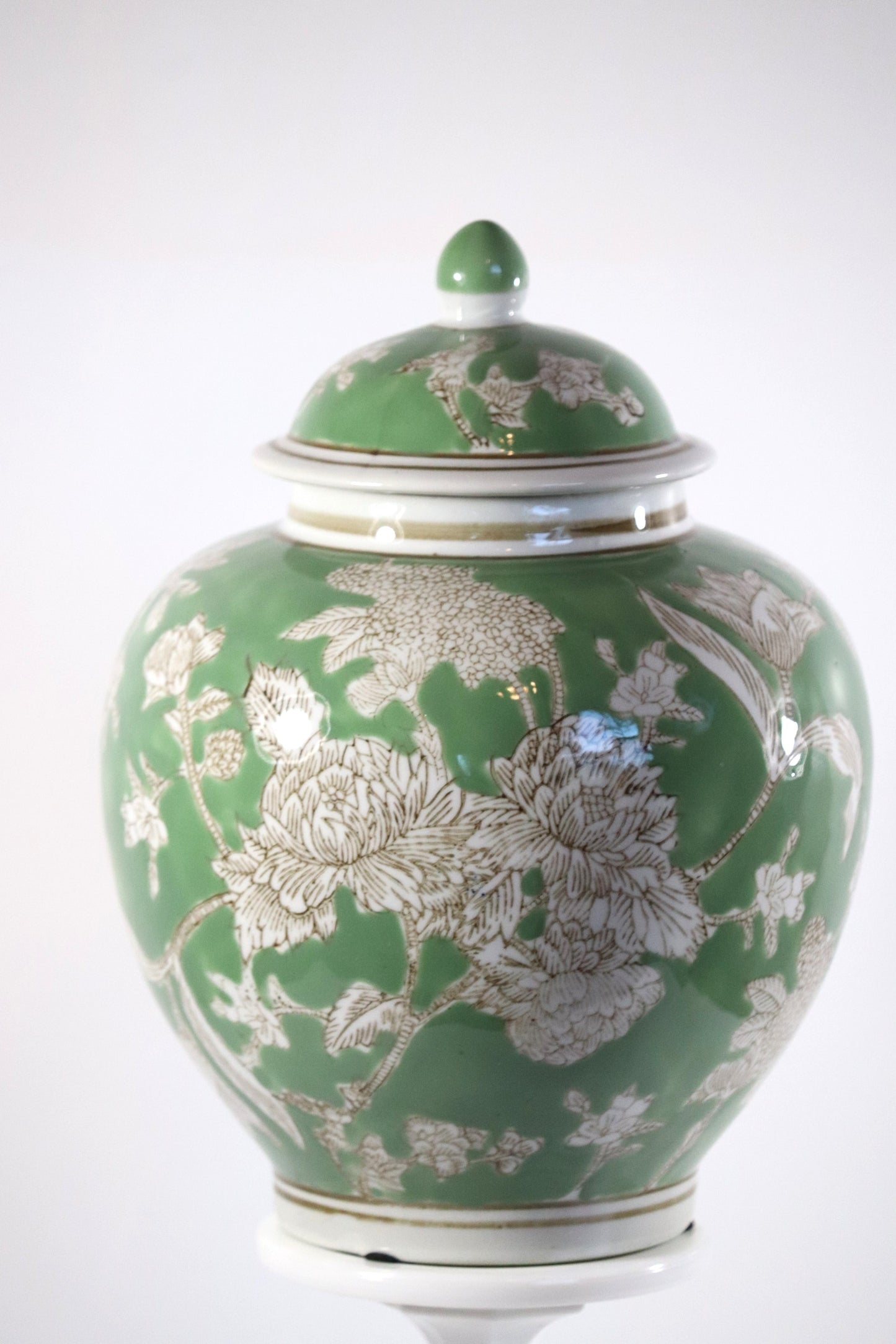 Light Green & White Ceramic Chinoiserie Jar