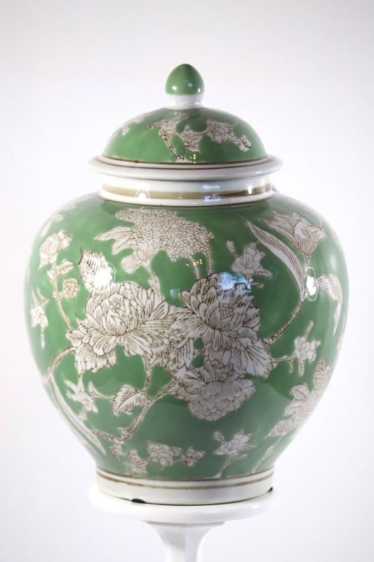 Light Green & White Ceramic Chinoiserie Jar