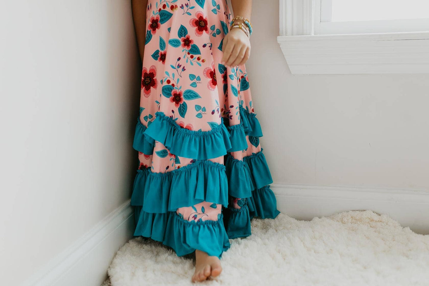 Oopsie Daisy Girls Light Peach/Dark Teal Floral Flutter Sleeve Ruffles Spring Dress: 3/4