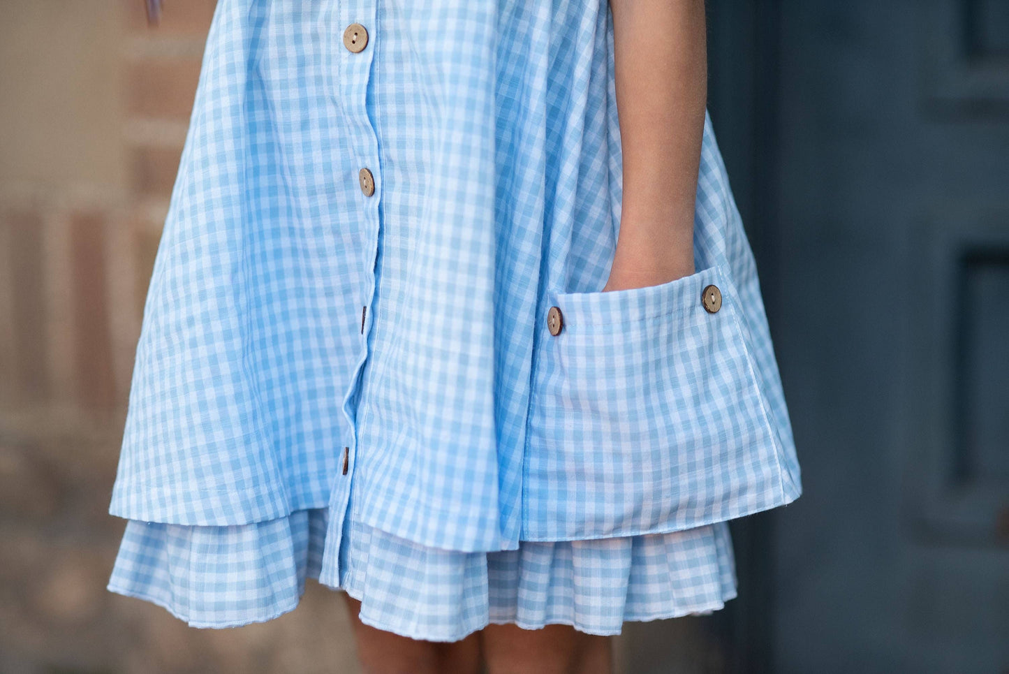 Oopsie Daisy Girls Blue & White Gingham Check Pocket Ruffle Spring Dress: 3/4