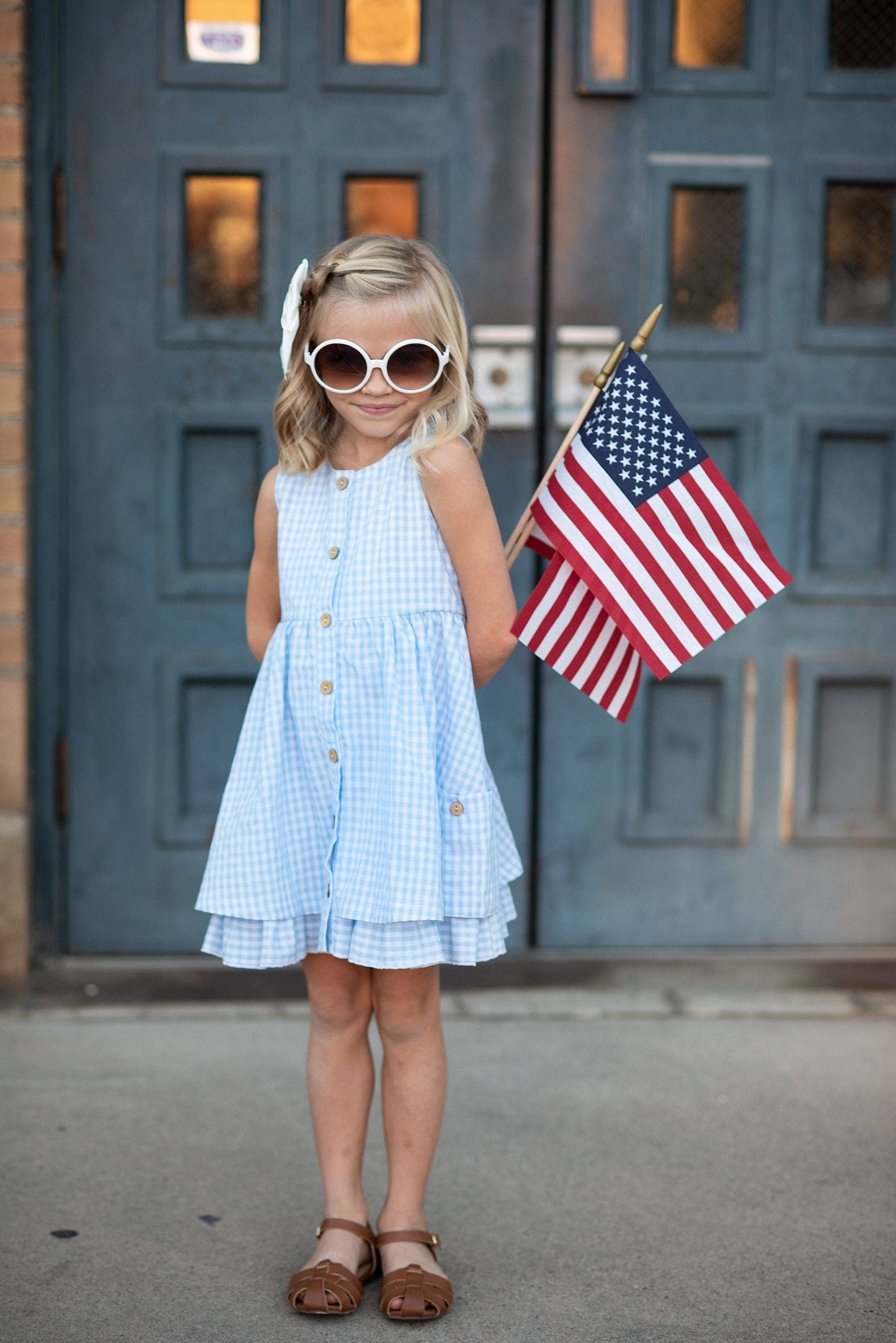 Oopsie Daisy Girls Blue & White Gingham Check Pocket Ruffle Spring Dress: 3/4