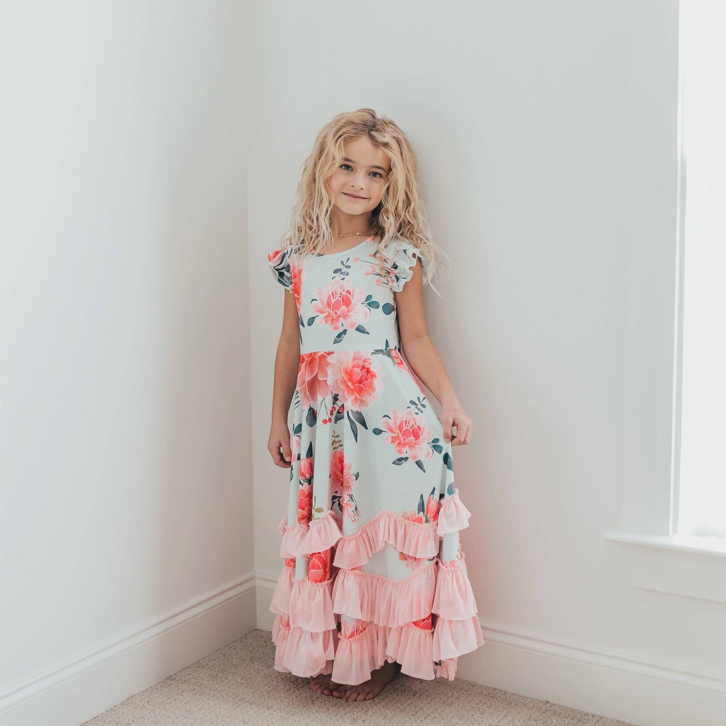 Oopsie Daisy Girls Mint & Pink Floral Flutter Sleeve Ruffles Spring Dress: 10/12