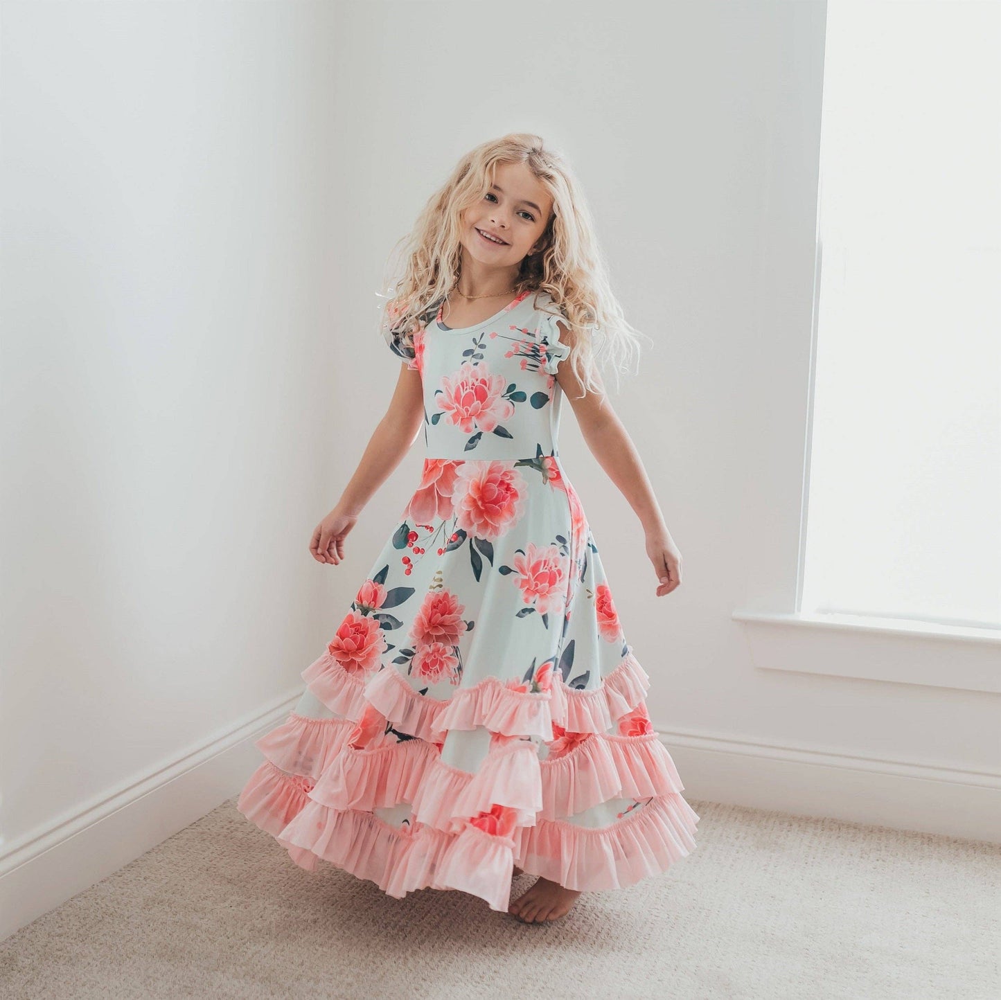 Oopsie Daisy Girls Mint & Pink Floral Flutter Sleeve Ruffles Spring Dress: 10/12