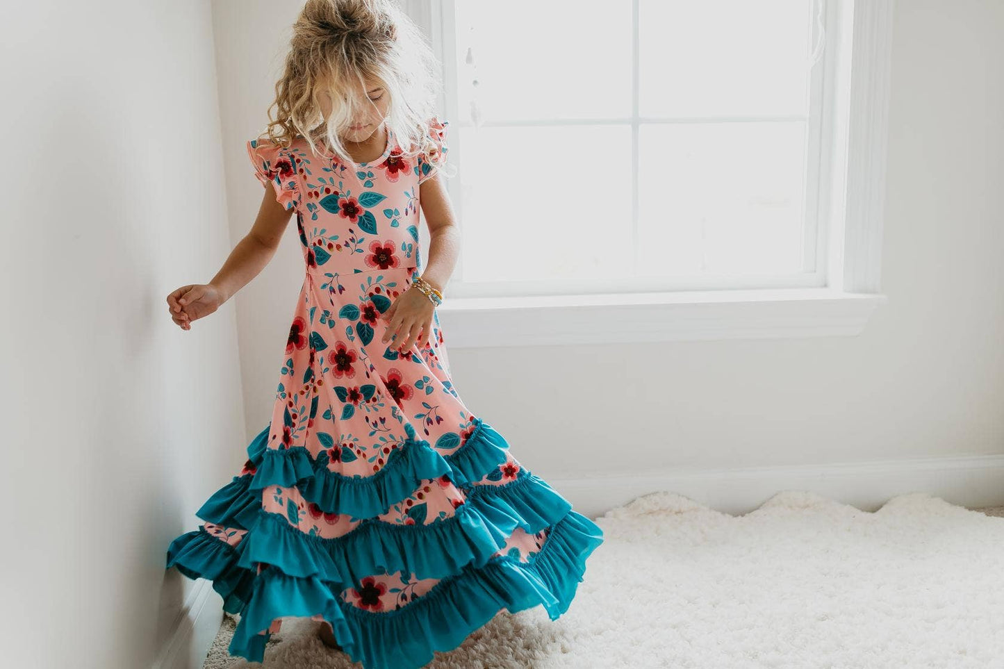 Oopsie Daisy Girls Light Peach/Dark Teal Floral Flutter Sleeve Ruffles Spring Dress: 3/4