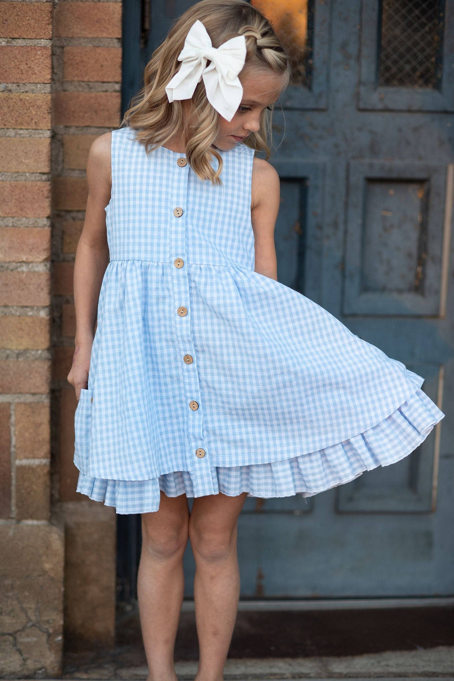 Oopsie Daisy Girls Blue & White Gingham Check Pocket Ruffle Spring Dress: 3/4