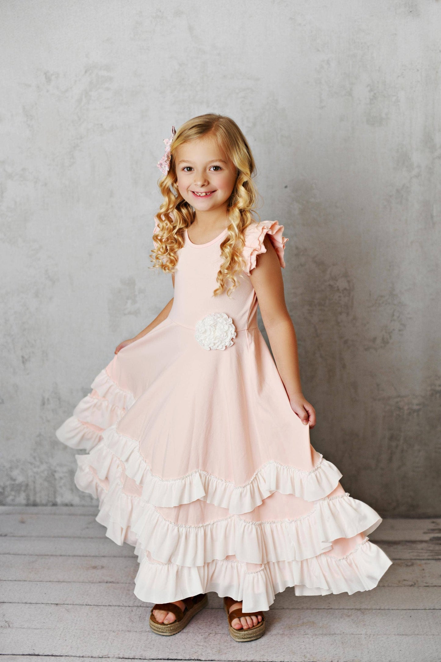 Oopsie Daisy Kids Light Pink Ruffles Flutter Sleeve Rosette Spring Dress: 3/4